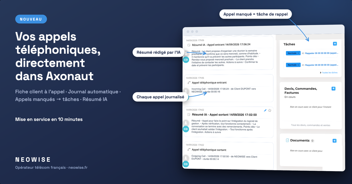 Connectez votre CRM Axonaut à votre téléphonie d'entreprise